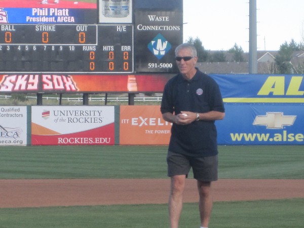 Col. Phil Platt, USAF, chapter president, throws one of the honorary pitches before the Colorado Springs Sky Sox Triple-A game in June.